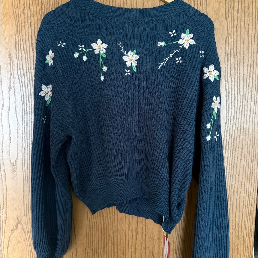 ROMWE Dark Teal Sweater with Floral Embroidery